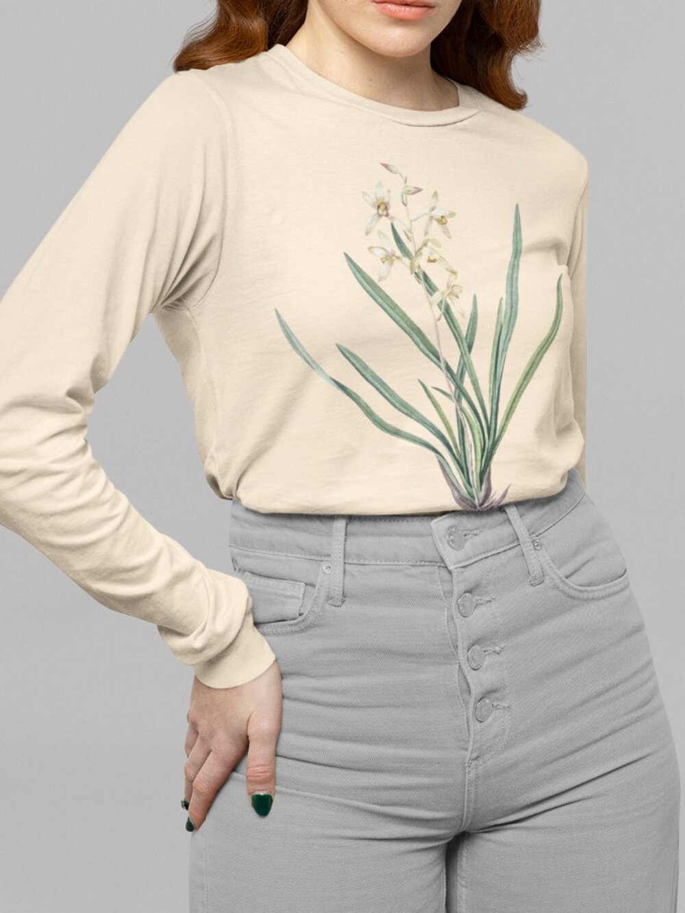 Chinese Epidendrum Vintage Floral Print Long Sleeve Graphic Tee T-shirt S-XXL